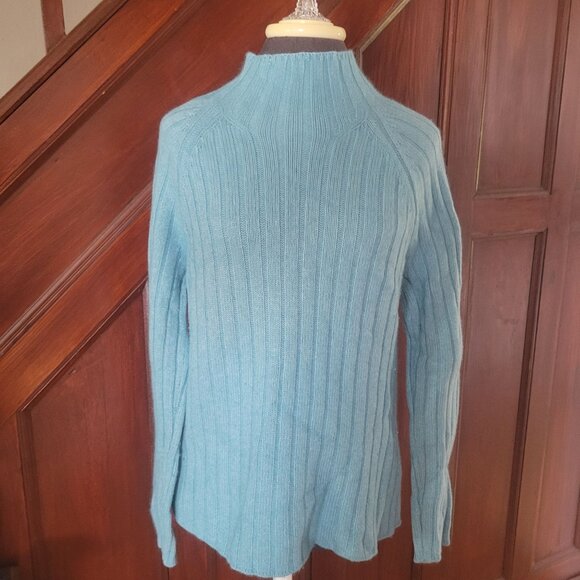 Lands End Womens Ribbed Wool Angora Blend Turtleneck Sweater Medium Blue - Picture 1 of 5
